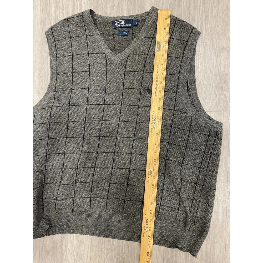 Vintage 90's Polo Ralph Lauren Wool Nylon Sweater Vest L Plaid Large Gray